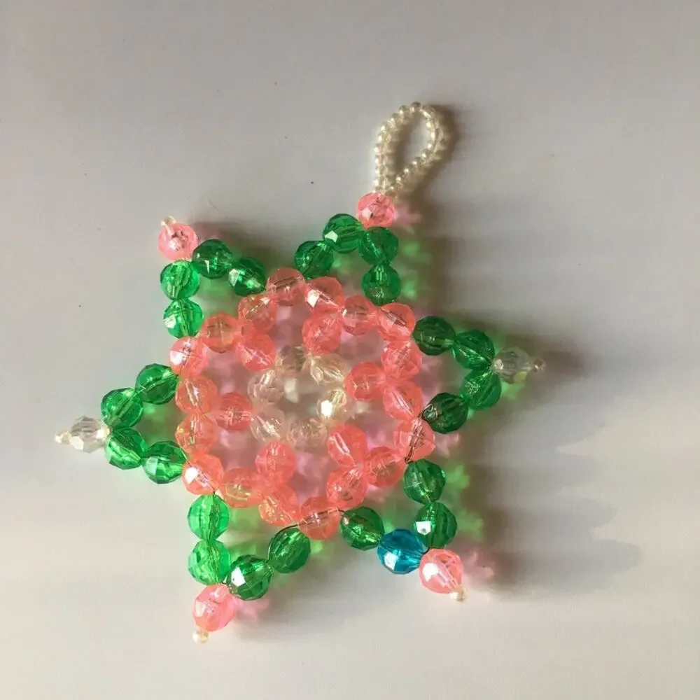 Vintage beaded Christmas star - handmade Christmas ornament, green and pink